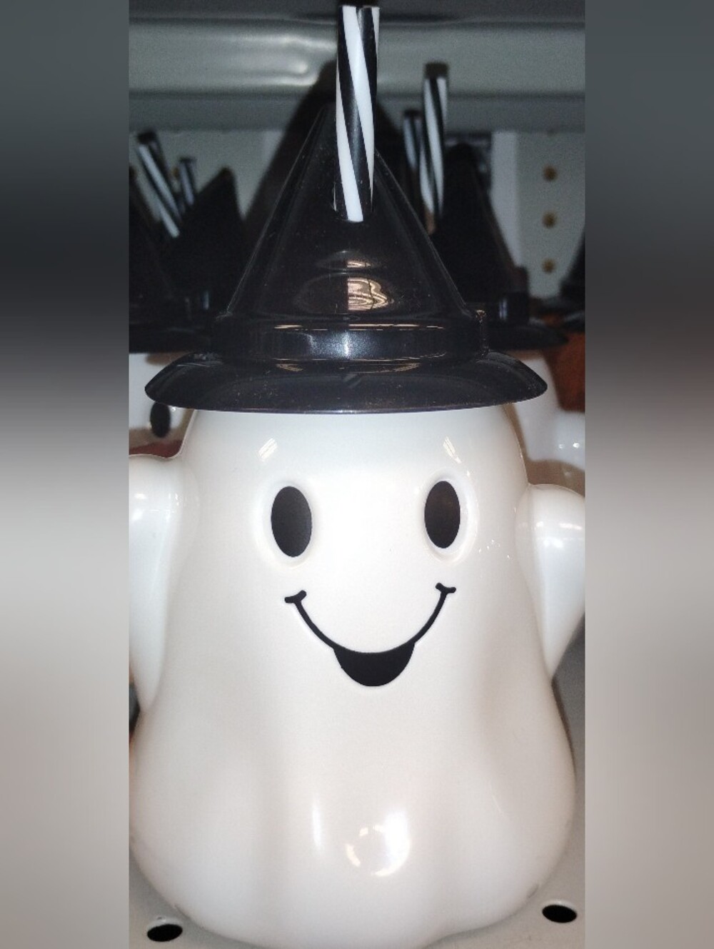 Smiling Ghost Jar with Black Witch Hat lid & a Black & White Striped Straw